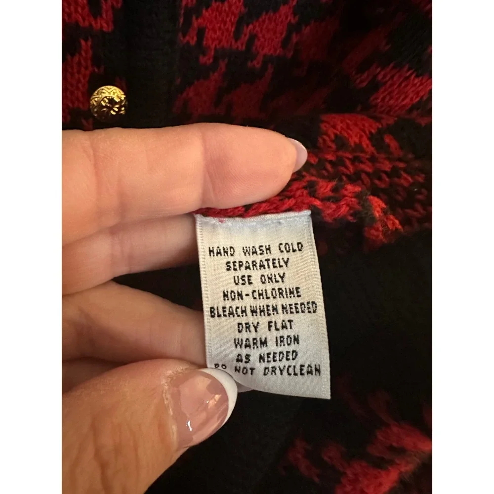 Liz Baker Womens Large Red Black Houndstooth Button Front Cardigan Sweater - Picture 7 of 7